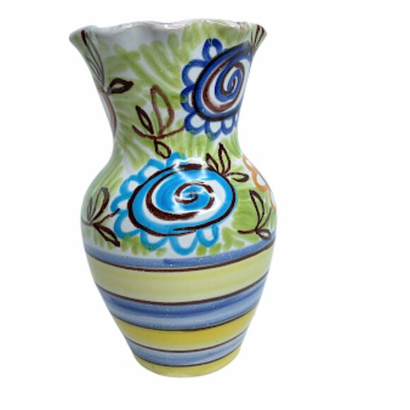 Small Hand Painted Italian Pottery Vase Signed Italy Yellow Green Blue Orange - Picture 1 of 10
